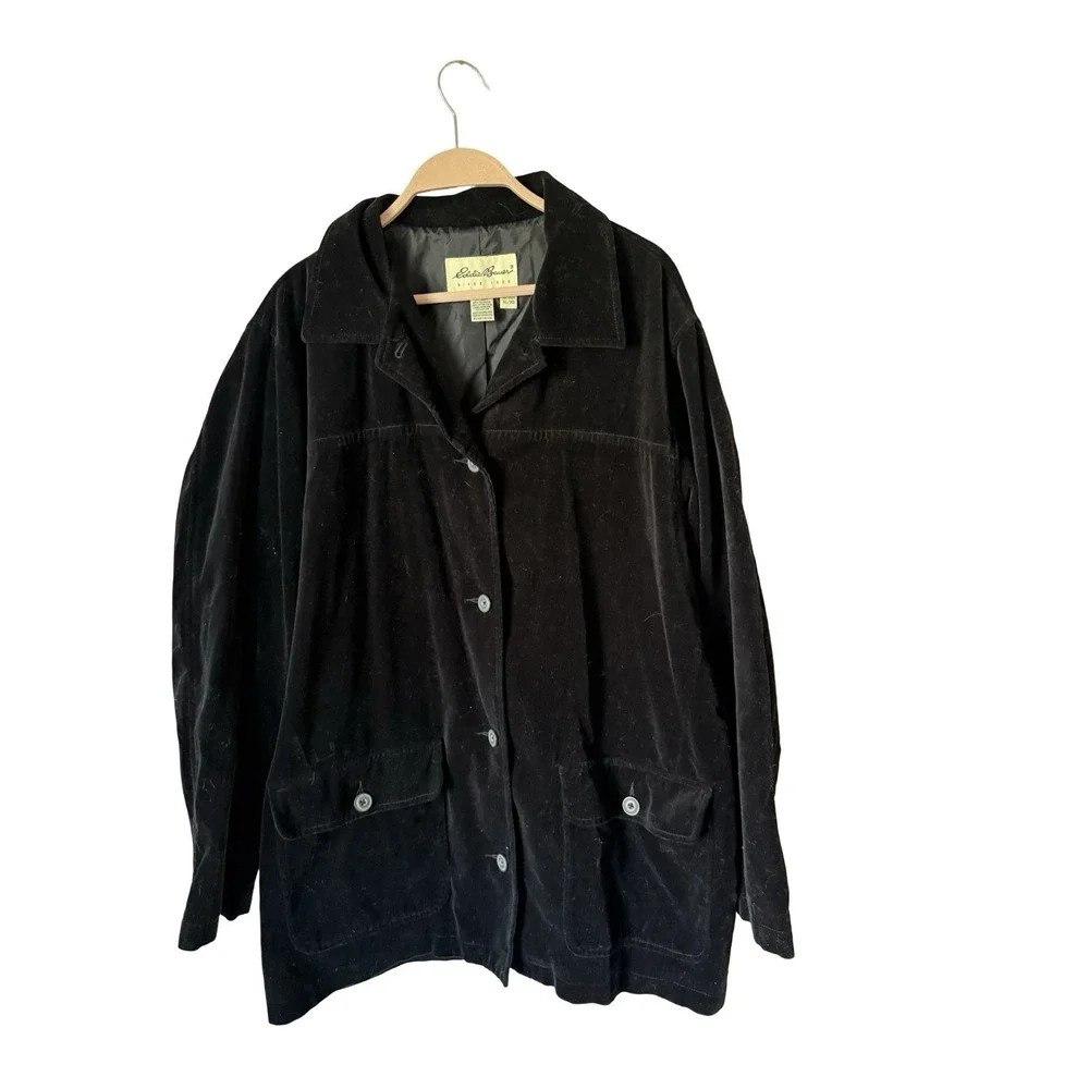 Vtg Eddie Bauer Womens XL Velvet Velour 3 Button Blazer Jacket Suit Coat Black - Picture 1 of 3